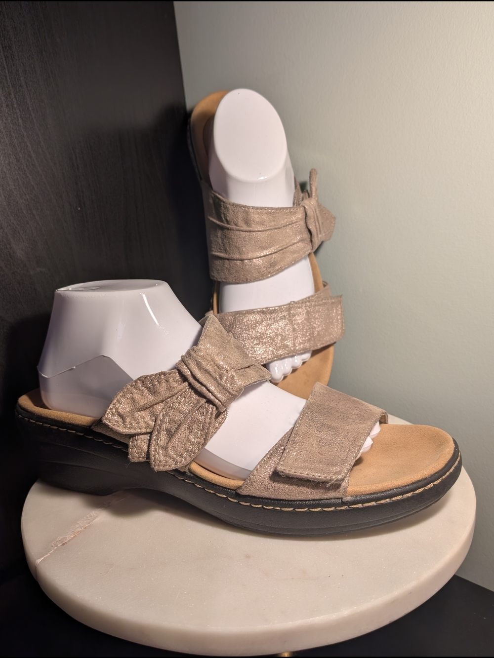 Clarks Merliah Charm Sandals- Metallic Taupe, Women's 11, Velcro Adjustable Fit
